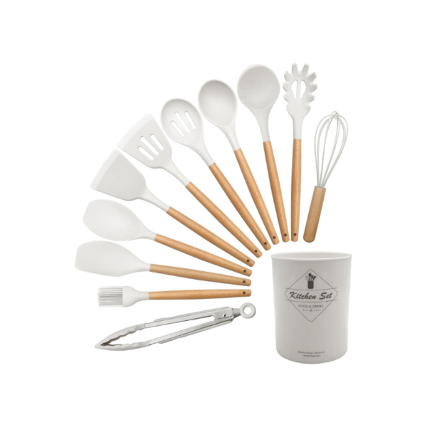 12-Piece Silicone Kitchen Utensils Set (Wood Handle)